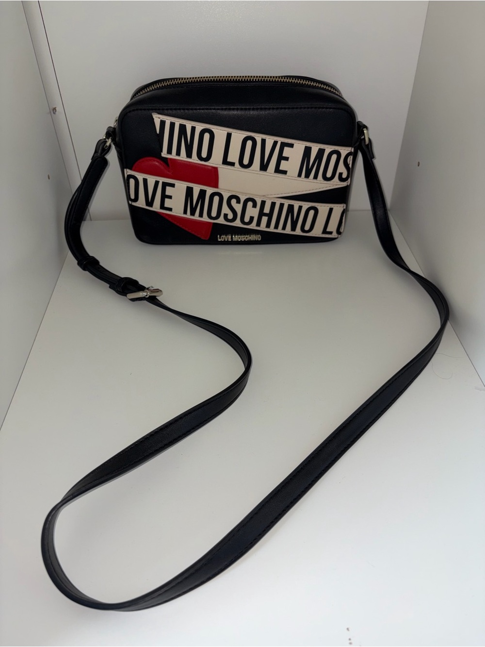 Love Moschino Black Crossbody with Red Heart and White Logo Straps